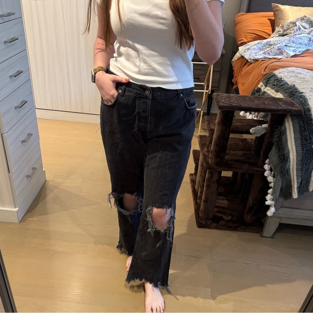 Free People Black Distressed Wide Leg Jeans